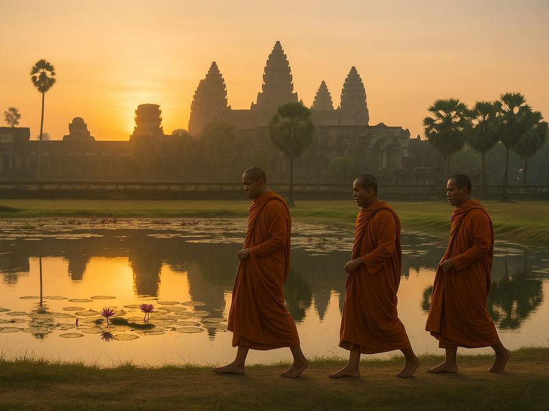 Three monks in orange robes walk past a lotus pond at sunrise, temple towers behind.